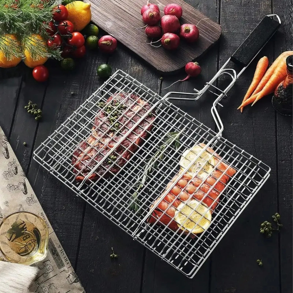 Stainless Steel BBQ Grill Basket with Removable Wooden Handle