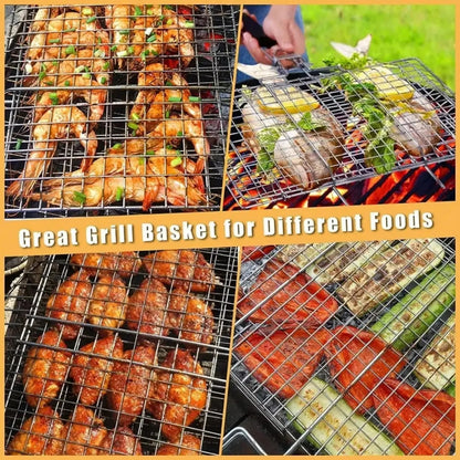 Stainless Steel BBQ Grill Basket with Removable Wooden Handle