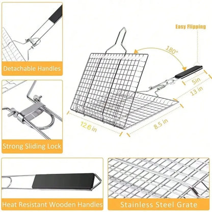Stainless Steel BBQ Grill Basket with Removable Wooden Handle