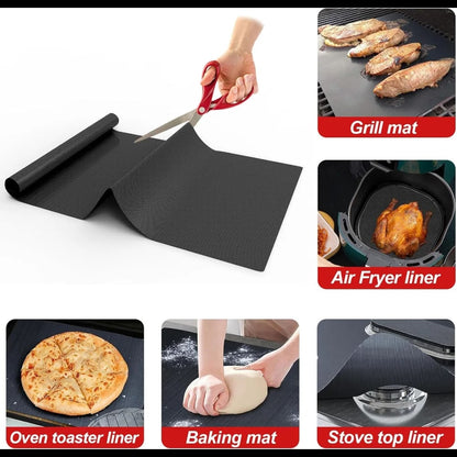 4-Piece Fibreglass BBQ Grilling Mat Set with Brush and Tongs, 40 x 60cm