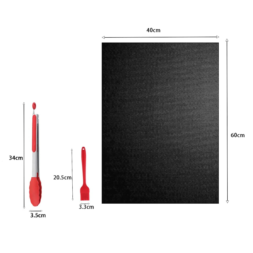 4-Piece Fibreglass BBQ Grilling Mat Set with Brush and Tongs, 40 x 60cm