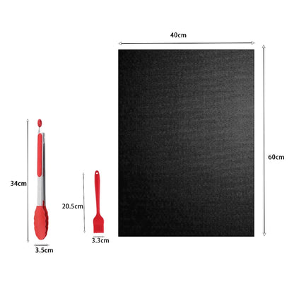 4-Piece Fibreglass BBQ Grilling Mat Set with Brush and Tongs, 40 x 60cm