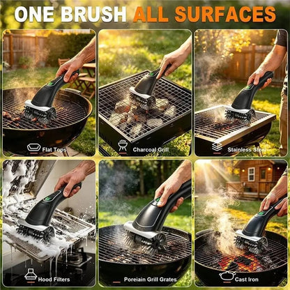Rechargeable BBQ Grill Brush with Long Handle, Black Metal and Plastic