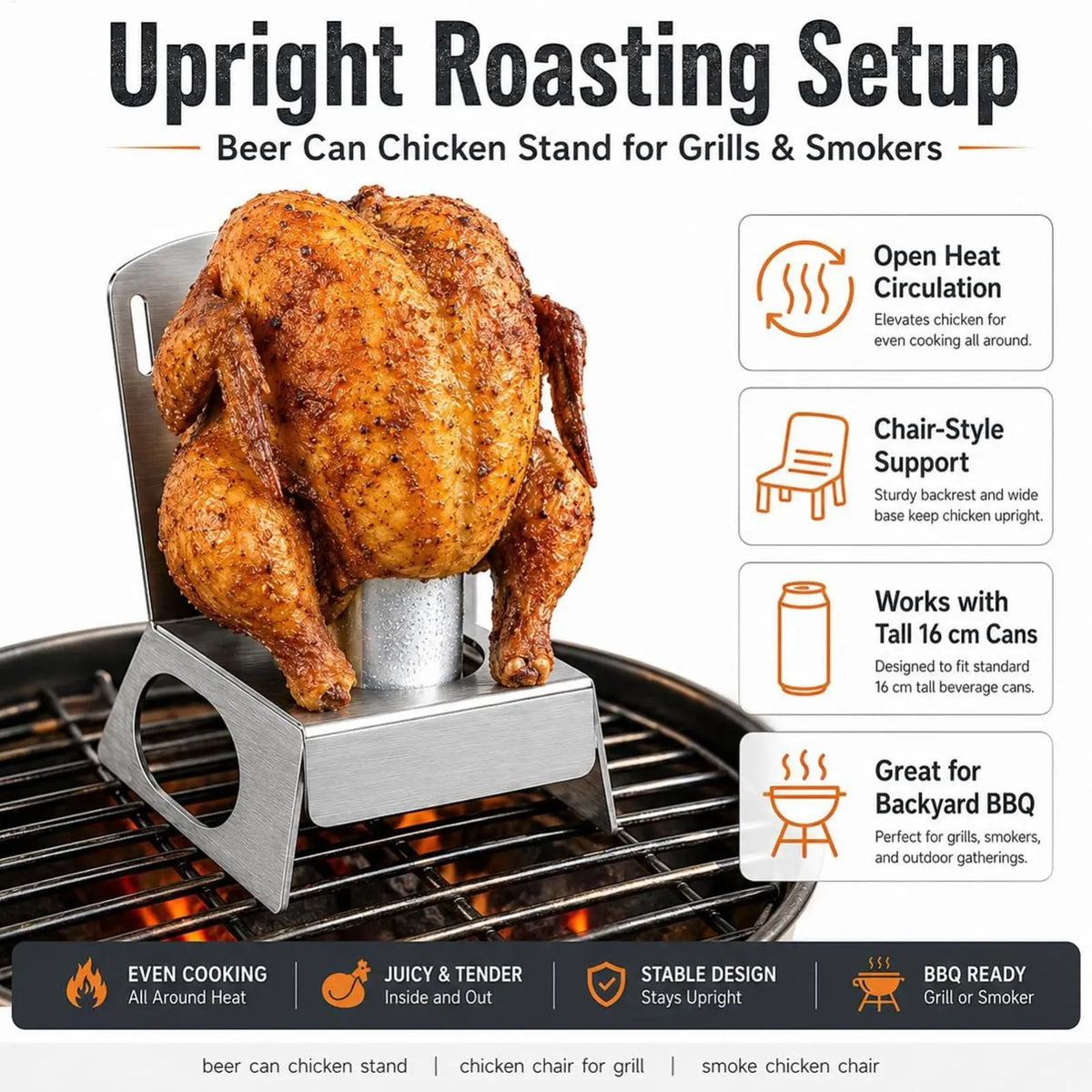 Stainless Steel Beer Can Chicken Chair for BBQ Grills and Smokers