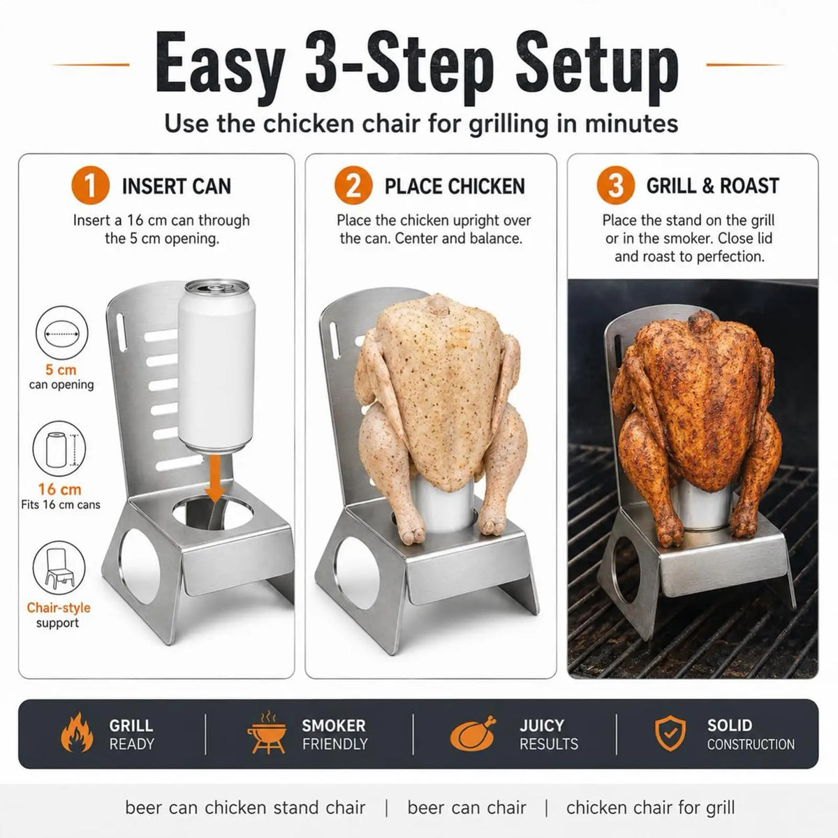 Stainless Steel Beer Can Chicken Chair for BBQ Grills and Smokers
