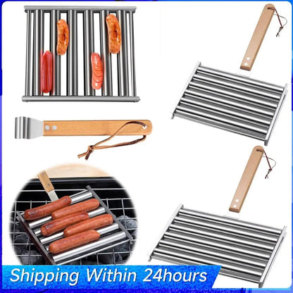 APWIKOGER Metal Hot Dog Roller Grill with Detachable Wood Handle