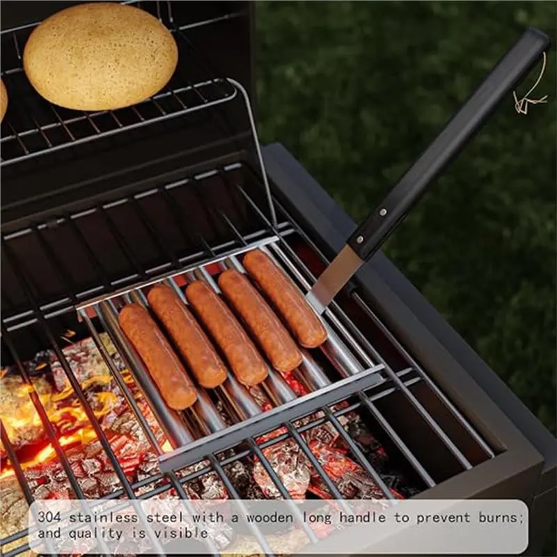 Stainless Steel Hot Dog Roller Rack for BBQ with 360° Rotation and Long Wooden Handle