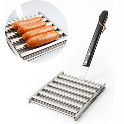 Stainless Steel Hot Dog Roller Rack for BBQ with 360° Rotation and Long Wooden Handle