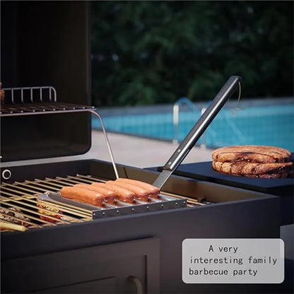 Stainless Steel Hot Dog Roller Rack for BBQ with 360° Rotation and Long Wooden Handle