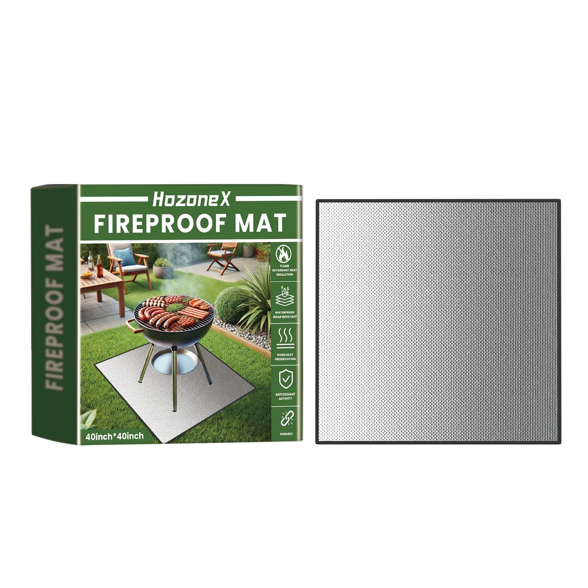 40in x 40in BBQ Fireproof Mat, Waterproof Fibreglass and Silicone Ground Protector - 1pc