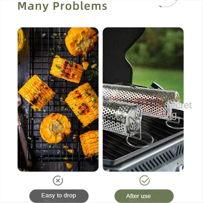 Stainless Steel Rotating BBQ Grill Basket with Stand, 200 x 90mm