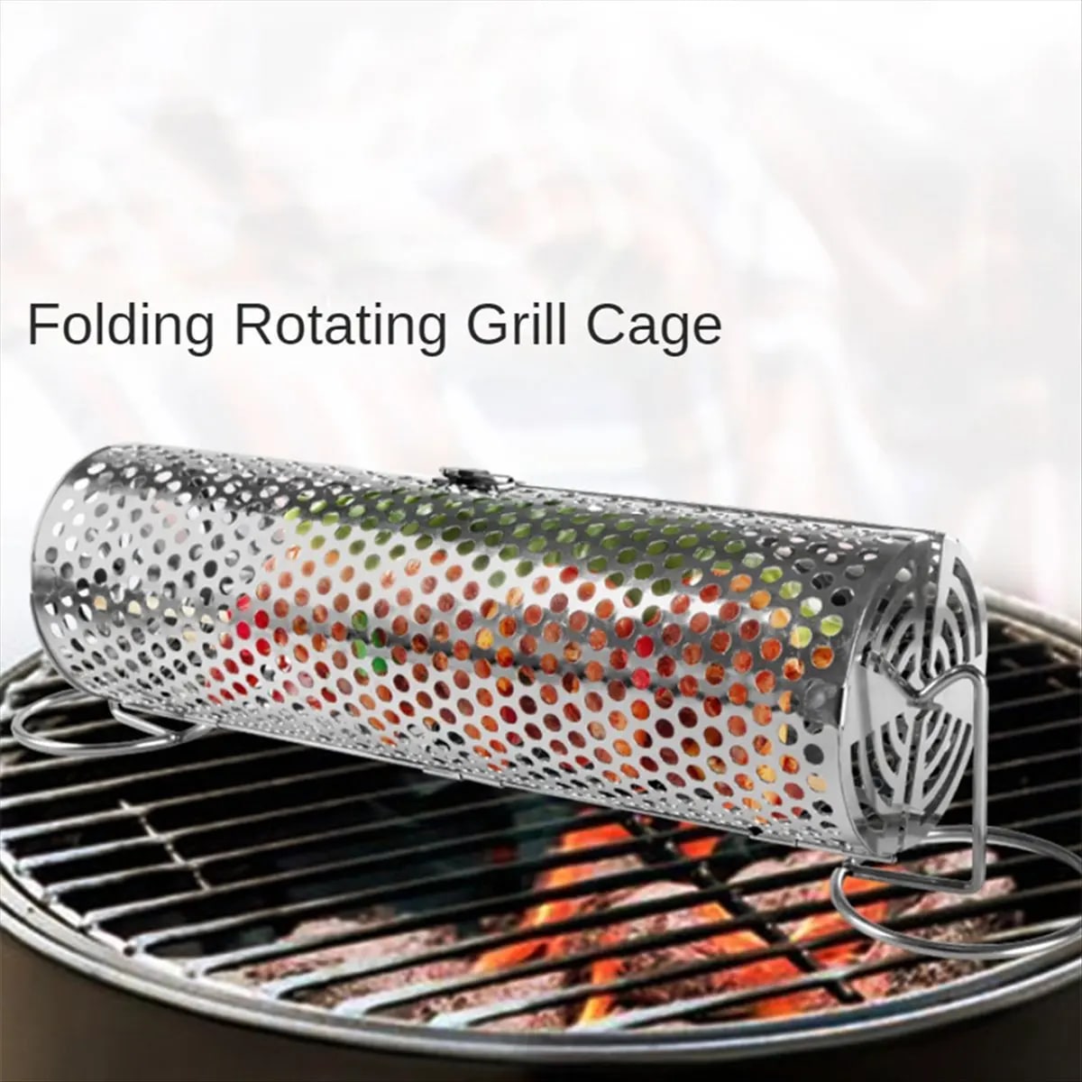 Stainless Steel Rotating BBQ Grill Basket with Stand, 200 x 90mm