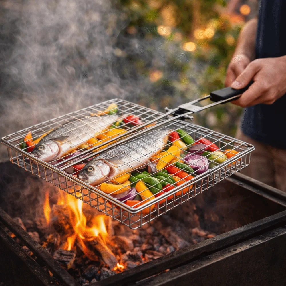 Folding Carbon Steel BBQ Clip for Fish and Vegetables, Silver, 46.5 x 32 x 4 cm