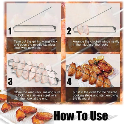 Stainless Steel Chicken Wing Rails, 4-Piece BBQ Grill Rack Set