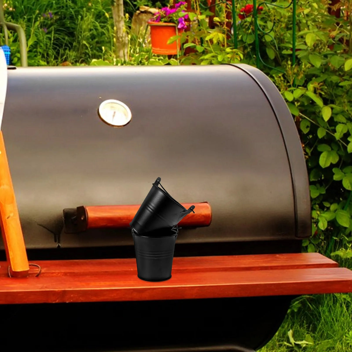 2-Piece BBQ Grill Drip Buckets, Black Grease Collectors, 7.5cm