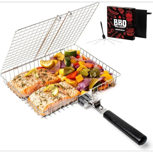 Stainless Steel Folding BBQ Grill Basket with Handle, 12 x 9.5 x 1.5in