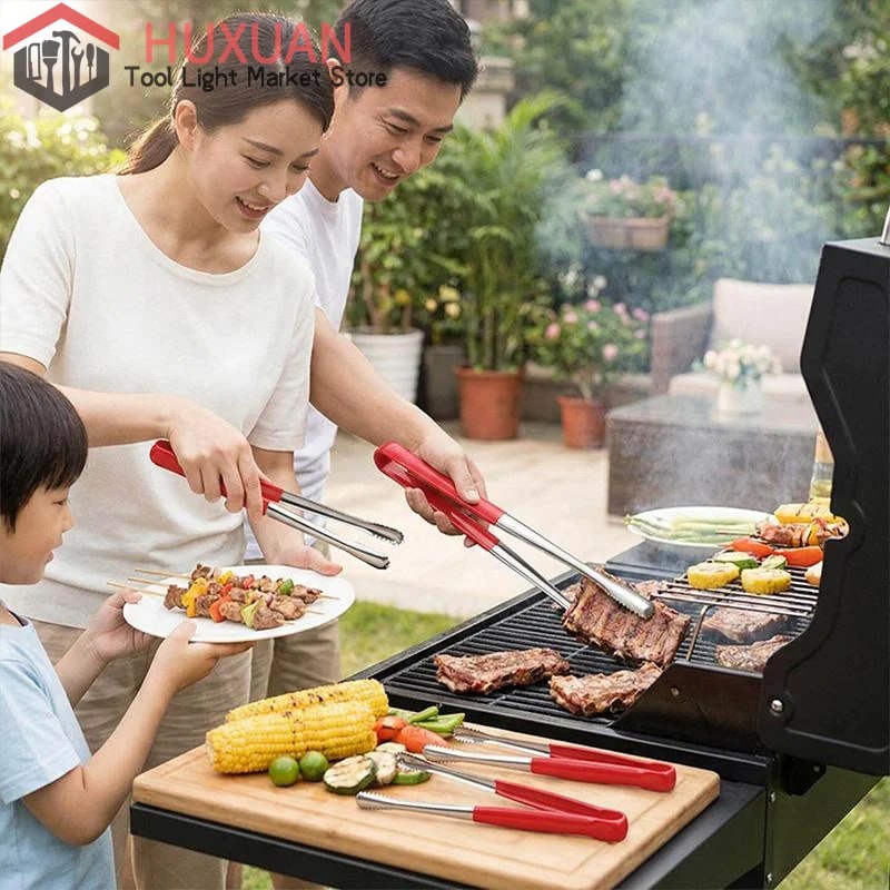 304 Stainless Steel BBQ Grill Tongs with Serrated Food Grip, 19-29cm Options
