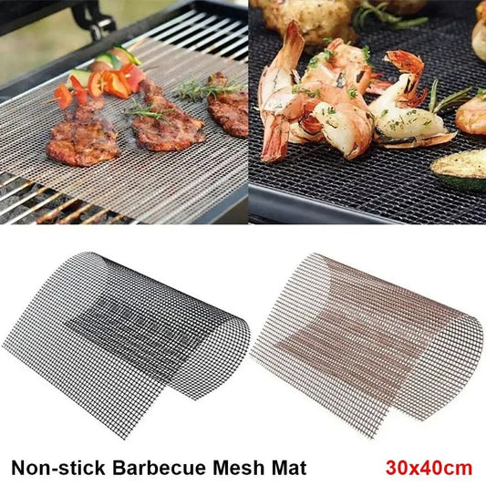 Non-Stick BBQ Grill Mesh Mat, Reusable Metal Cooking Pad, Round or 30 x 40cm