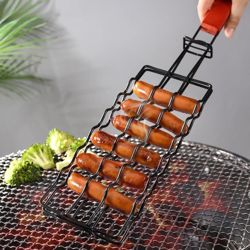 Metal BBQ Hot Dog Grill Basket Tongs, 48.8cm Sausage Holder