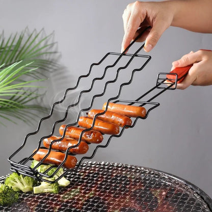 Metal BBQ Hot Dog Grill Basket Tongs, 48.8cm Sausage Holder