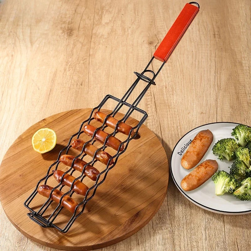 Metal BBQ Hot Dog Grill Basket Tongs, 48.8cm Sausage Holder