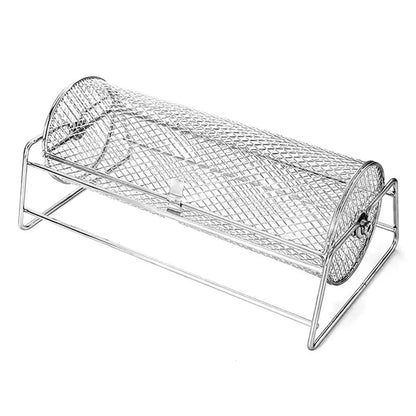 Stainless Steel BBQ Rotisserie Grill Basket Rolling Mesh Cage