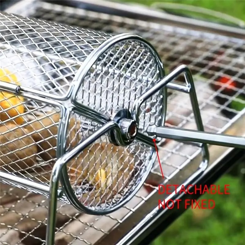 Stainless Steel BBQ Rotisserie Grill Basket Rolling Mesh Cage