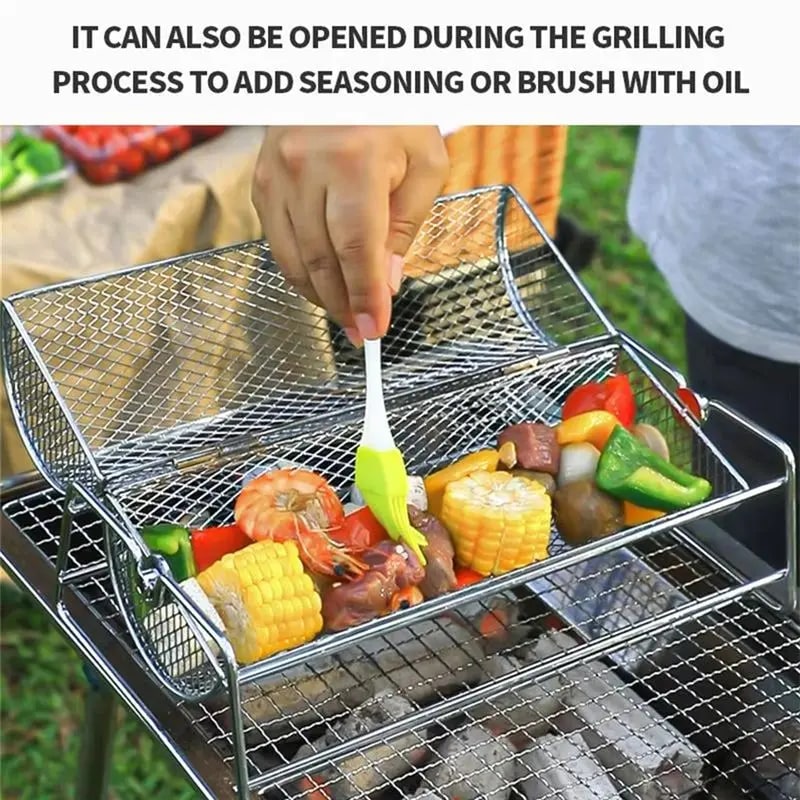Stainless Steel BBQ Rotisserie Grill Basket Rolling Mesh Cage
