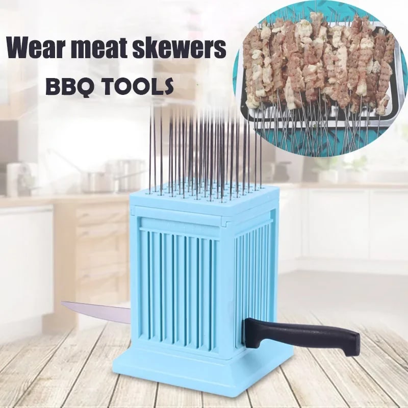 49-Hole BBQ Skewer Maker for Meat Kebabs, PP Plastic, Blue or Green