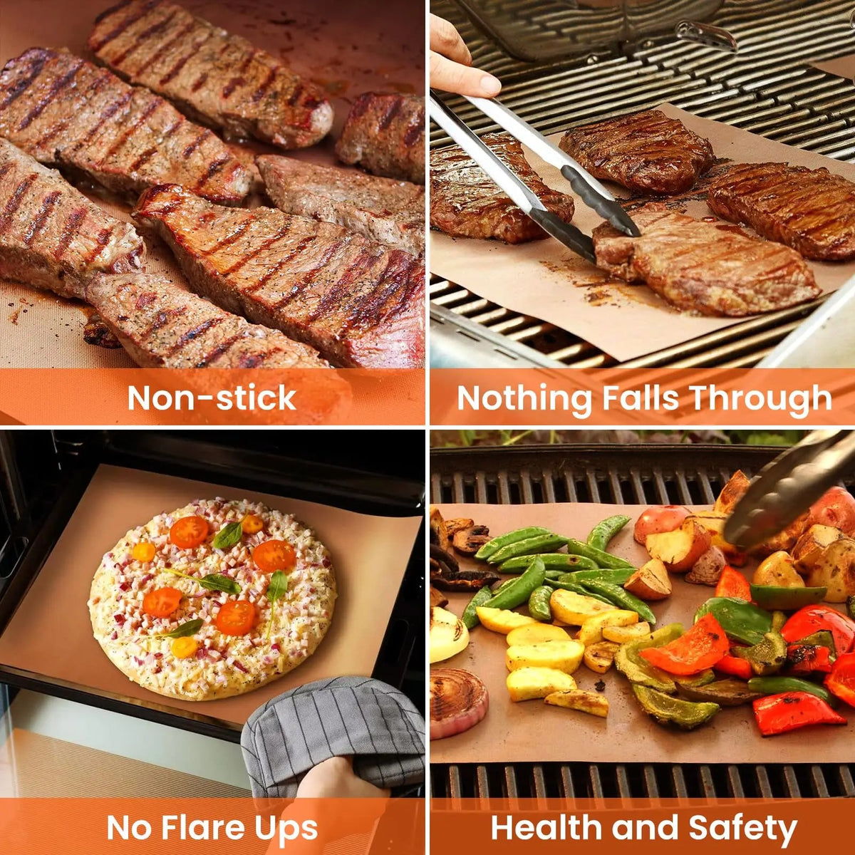 Non-Stick Fibreglass BBQ Grill Mats, 33 x 40 cm to 40 x 60 cm Sets