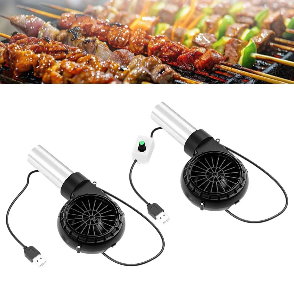 BBQ Fire Blower Fan with Stainless Steel Tube, 70cm Cable and Adjustable Option