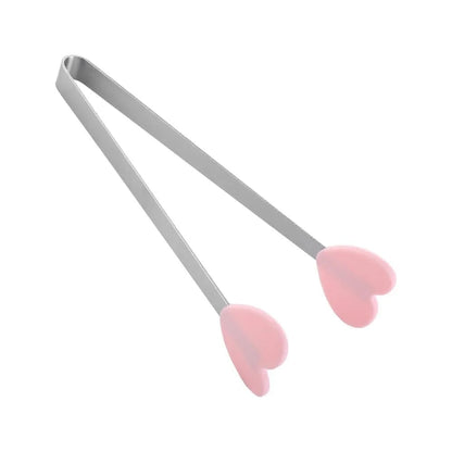 Stainless Steel Food Tongs 13.5cm BBQ Snack Bread Ice Cube Clips - pink-Heart Shape