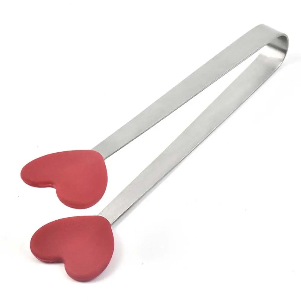 Stainless Steel Food Tongs 13.5cm BBQ Snack Bread Ice Cube Clips - red-Heart Shape