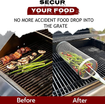 Rolling BBQ Grill Basket, Stainless Steel Mesh, Reusable, Small or Large