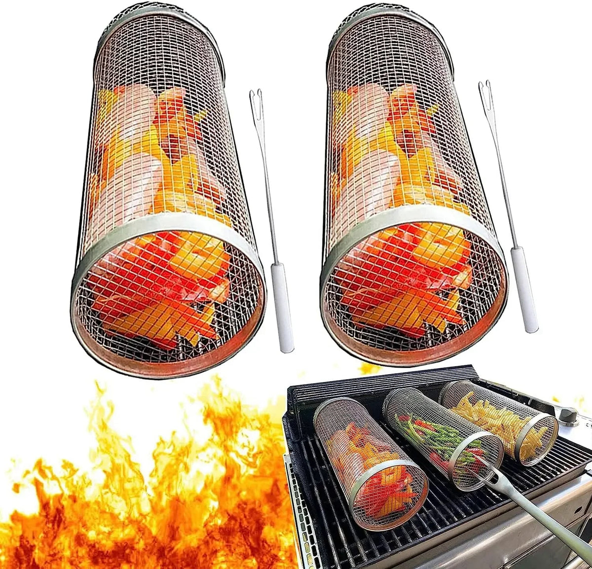 Rolling BBQ Grill Basket, Stainless Steel Mesh, Reusable, Small or Large