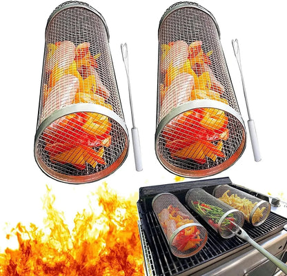 Rolling BBQ Grill Basket, Stainless Steel Mesh, Reusable, Small or Large