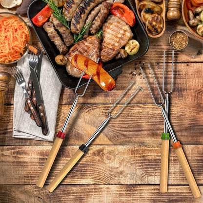Extendable Stainless Steel BBQ Roasting Fork Sticks, 8 Piece Set, 590mm