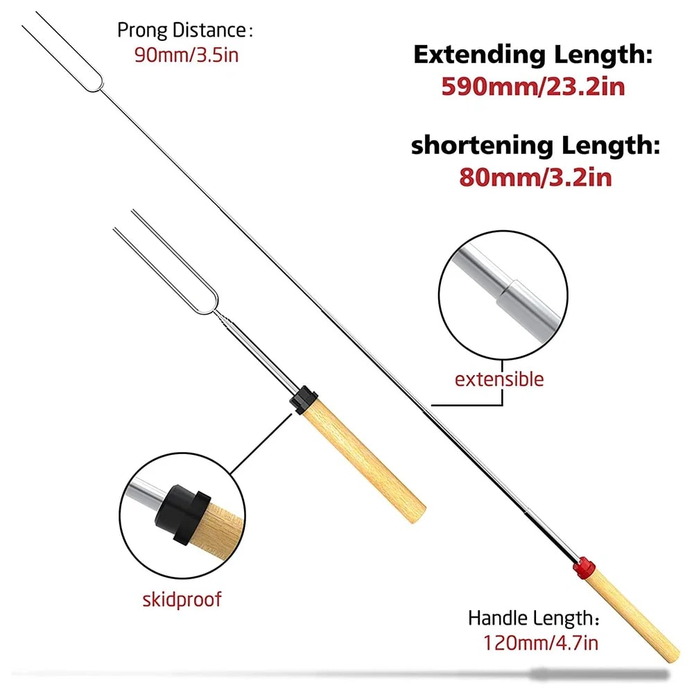 Extendable Stainless Steel BBQ Roasting Fork Sticks, 8 Piece Set, 590mm