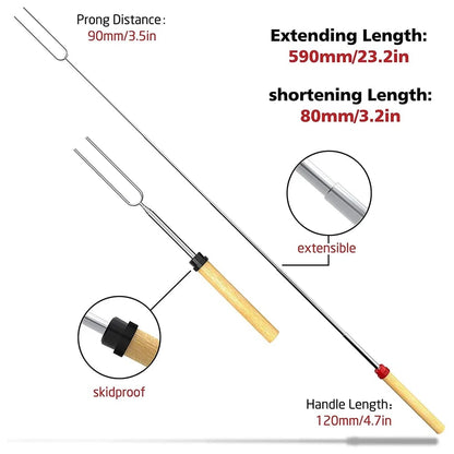 Extendable Stainless Steel BBQ Roasting Fork Sticks, 8 Piece Set, 590mm