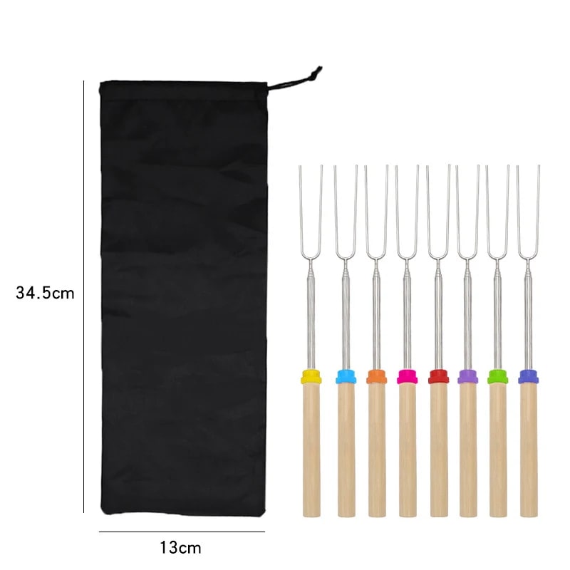 Extendable Stainless Steel BBQ Roasting Fork Sticks, 8 Piece Set, 590mm