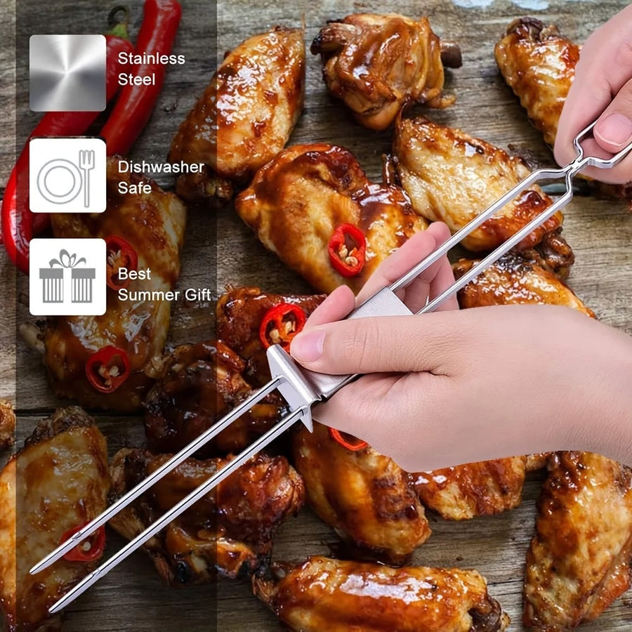 Stainless Steel BBQ Skewers, 13in Flat Double-Pronged Kebab Skewers with Push Bar