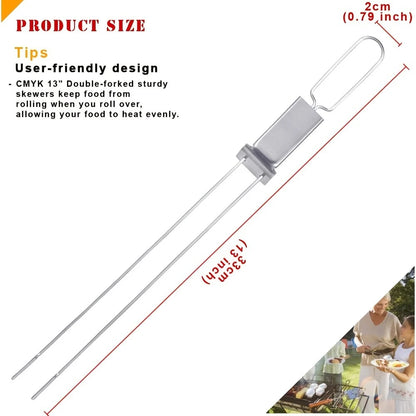 Stainless Steel BBQ Skewers, 13in Flat Double-Pronged Kebab Skewers with Push Bar