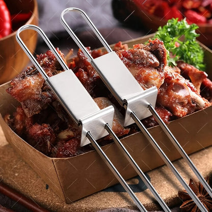 Stainless Steel BBQ Skewers, 13in Flat Double-Pronged Kebab Skewers with Push Bar