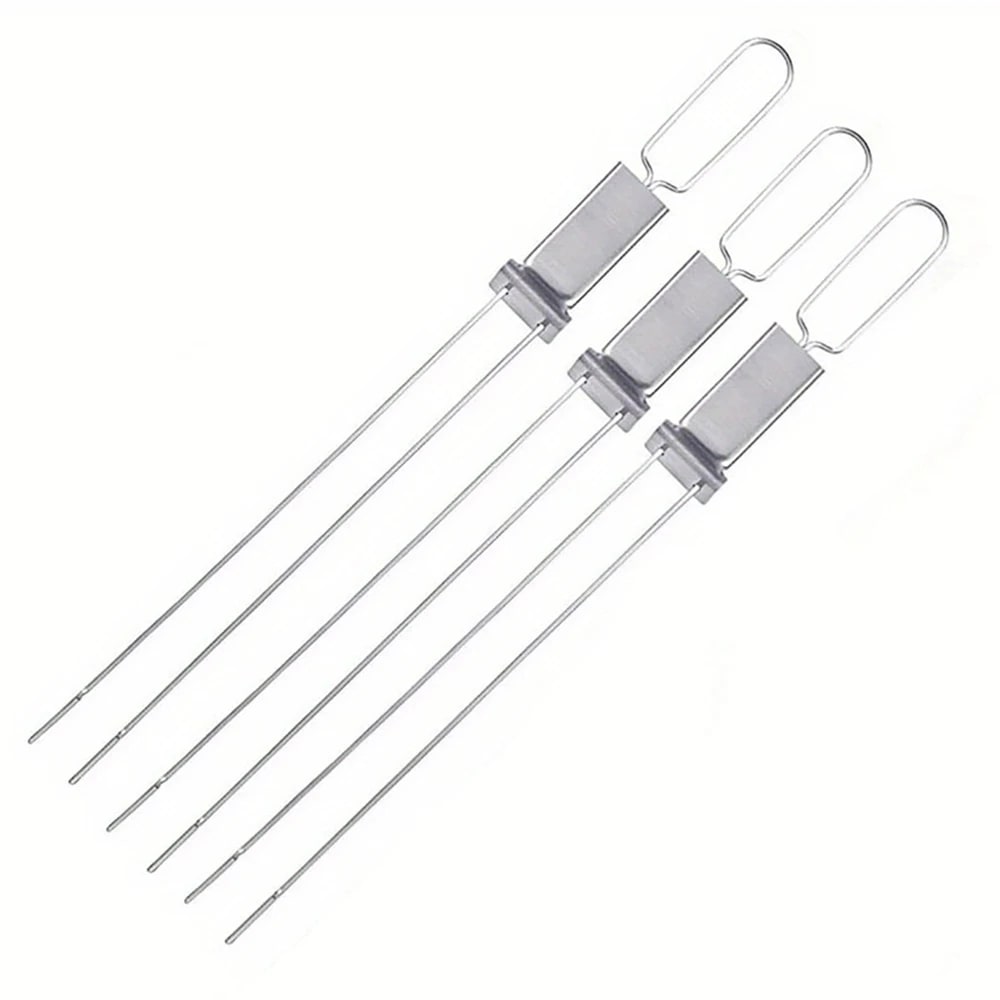 Stainless Steel BBQ Skewers, 13in Flat Double-Pronged Kebab Skewers with Push Bar - 3PCS