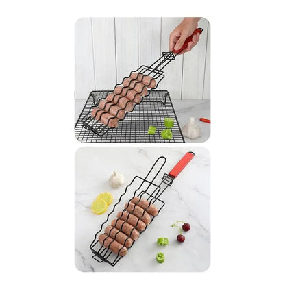 BBQ Sausage and Fish Grill Basket with Wooden Handle