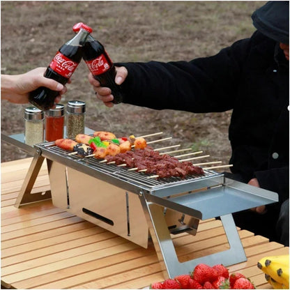 Portable Folding Charcoal BBQ Grill, Stainless Steel Camping Grill with 10 Skewers
