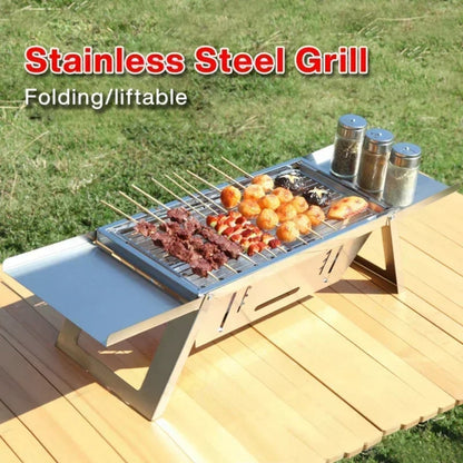 Portable Folding Charcoal BBQ Grill, Stainless Steel Camping Grill with 10 Skewers