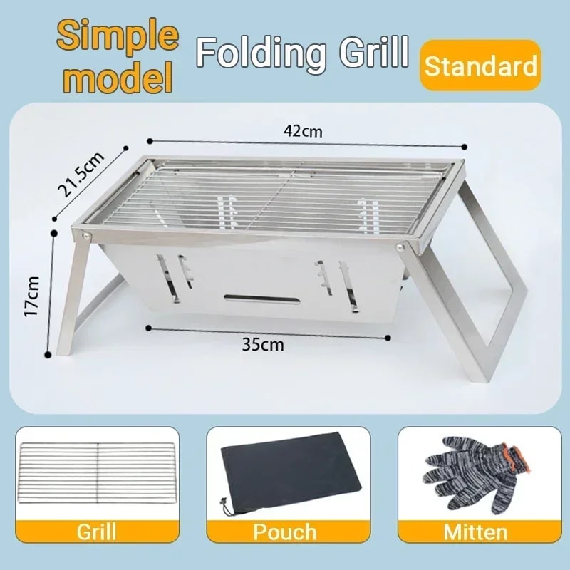 Portable Folding Charcoal BBQ Grill, Stainless Steel Camping Grill with 10 Skewers - Basic style