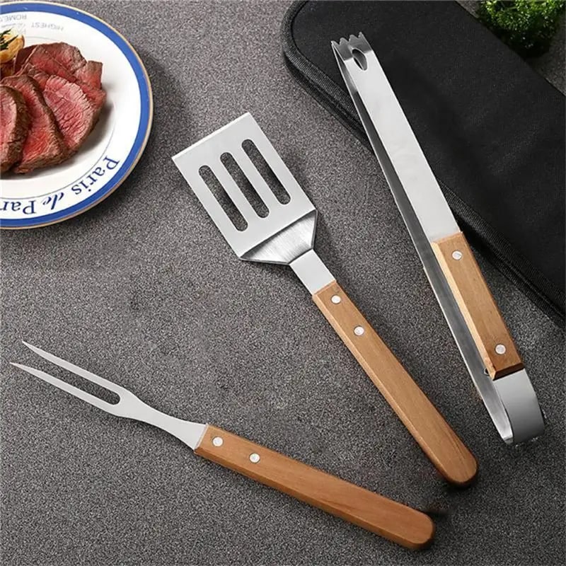3-Piece Stainless Steel BBQ Tool Set with Wooden Handles, 35.5 cm Fork
