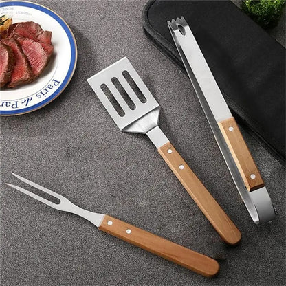 3-Piece Stainless Steel BBQ Tool Set with Wooden Handles, 35.5 cm Fork